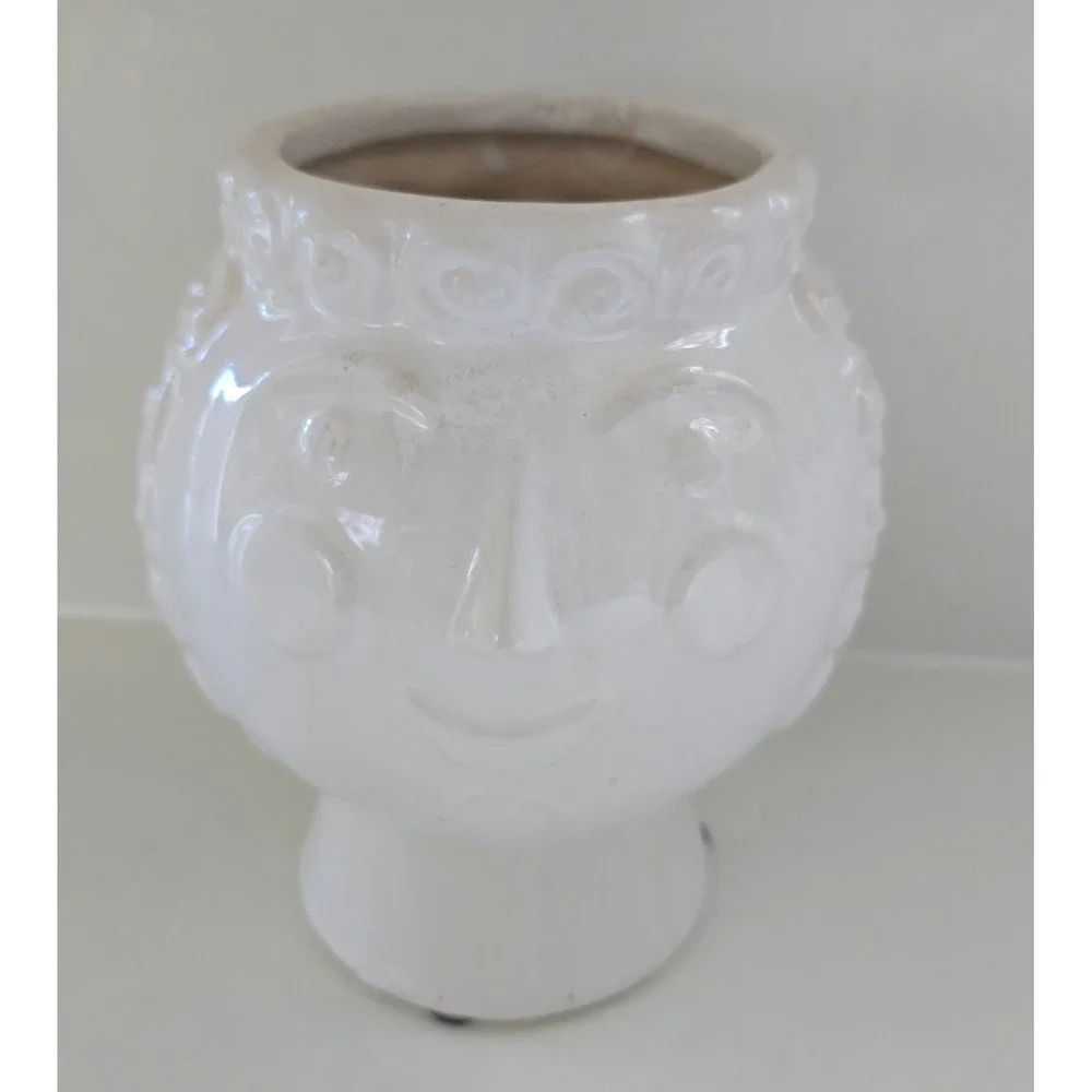 White Ceramic Face Planter Whimsical Embossed Head Vase Glossy 14946-04